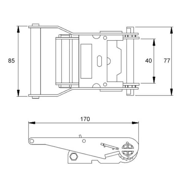 Technical drawings of a Plastic Handle Ratchet Buckle, 1.5”, 3T with dimensions in millimeters.