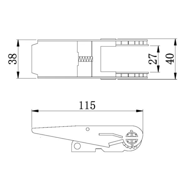 Technical schematic of an aircraft side and top view with dimension notations and a 1 inch Ratchet Buckle, 800kg detail.