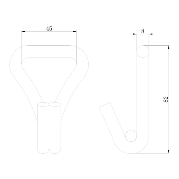 Technical drawing of a 1.5'' 1T Double J Hook with dimensions: top view showing a width of 45 units and a side view indicating a height of 82 units with a