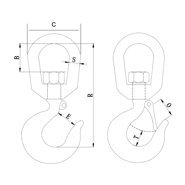 Desenho técnico de dois designs de mosquetões com dimensões etiquetadas, incluindo um gancho giratório de levantamento.