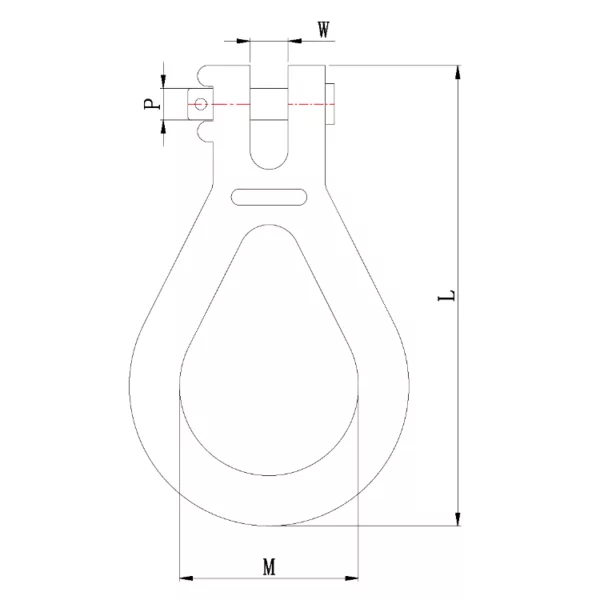 Technische tekening van een G70 Clevis Lug Link met gelabelde afmetingen voor breedte (b), lengte (l) en keelopening (m).