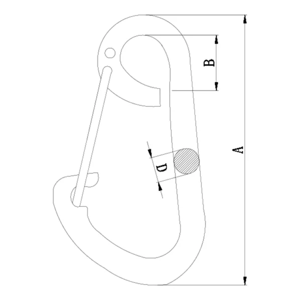 Diagram of a S.S. Spring Snap Hook with dimensions a and b marked on the main body and dimension d indicated at the gate hinge point.