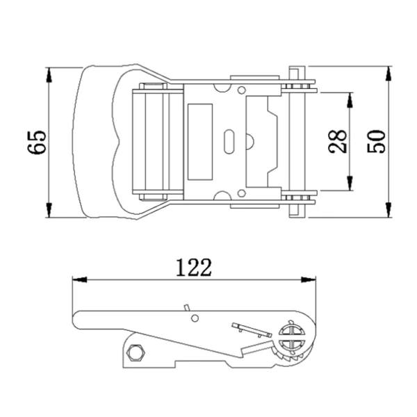 Technical drawing of a 1” 1.5T Ratchet Buckle with dimensional annotations.