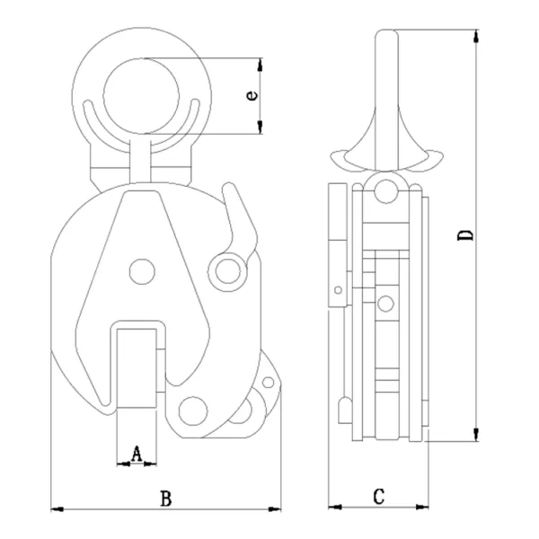 Technical drawing of a Vertical Plate Lifting Clamp DSQ Type with labeled dimensions.