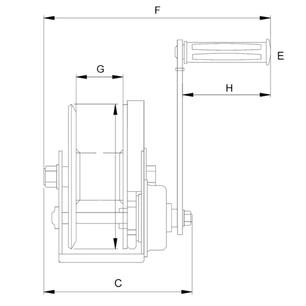 Technical drawing of a Hand Winch with Friction Brake machine part with labeled dimensions.