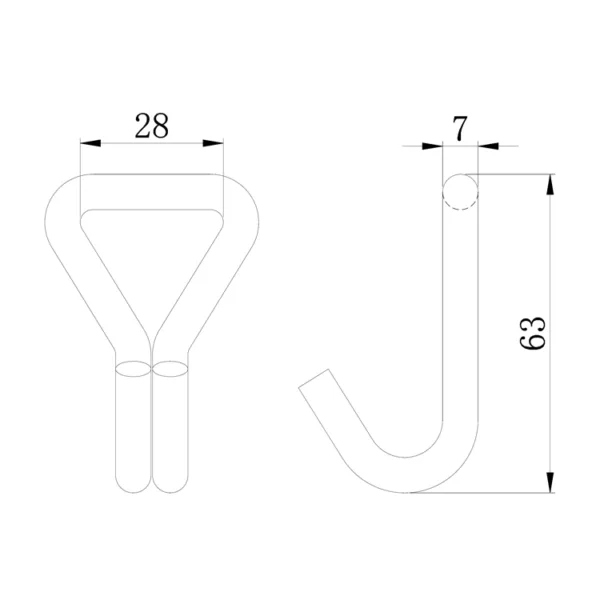 Technical drawing of two objects with dimensions: a tuning fork and a 1-1/16'' 1.5T Double J Hook with measurements in millimeters and 1-1/16''.