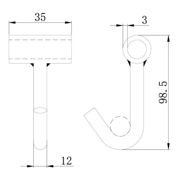 Technical drawing of a 1.5'' 2.5T Single J Hook with Tube and dimension annotations.