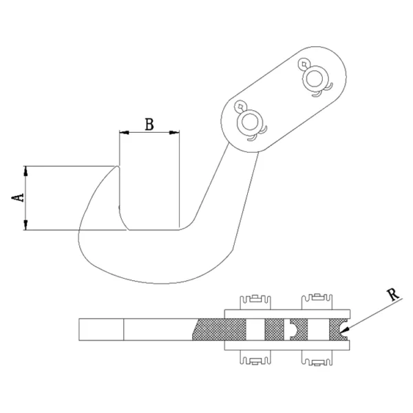 Schema tecnico di un cavo audio con dimensioni etichettate, dettagli del connettore e integrazione del morsetto di sollevamento per lamiera ZHHC-S.