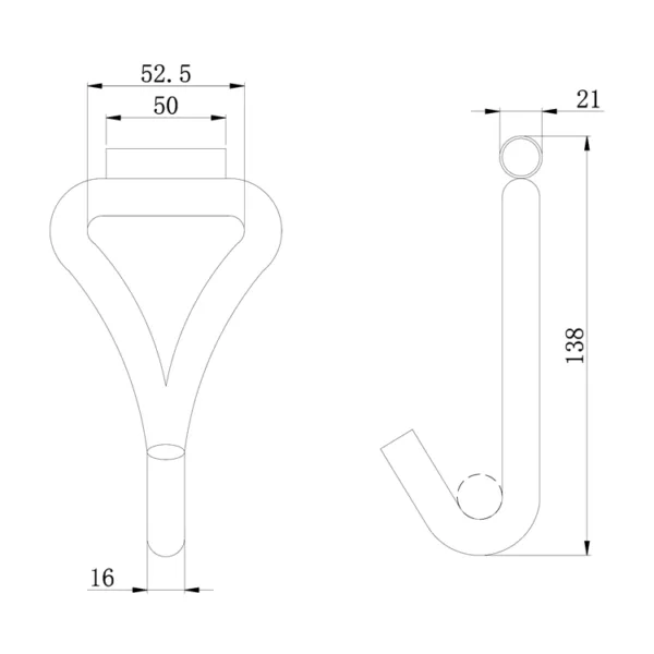 Technical drawing of a single 2'' 5T Single J Hook with Welded Tube, including dimensions in millimeters.