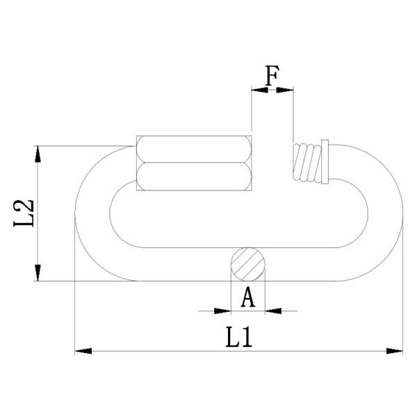 Technical drawing of a Mild Steel Quick Link with force indicator and dimension annotations.