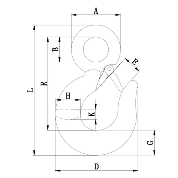Desenho técnico de um gancho de olhal HSI G70 com dimensões etiquetadas.