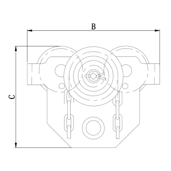 Technical drawing of an S Type Geared Trolley 5 ton with dimensional annotations.