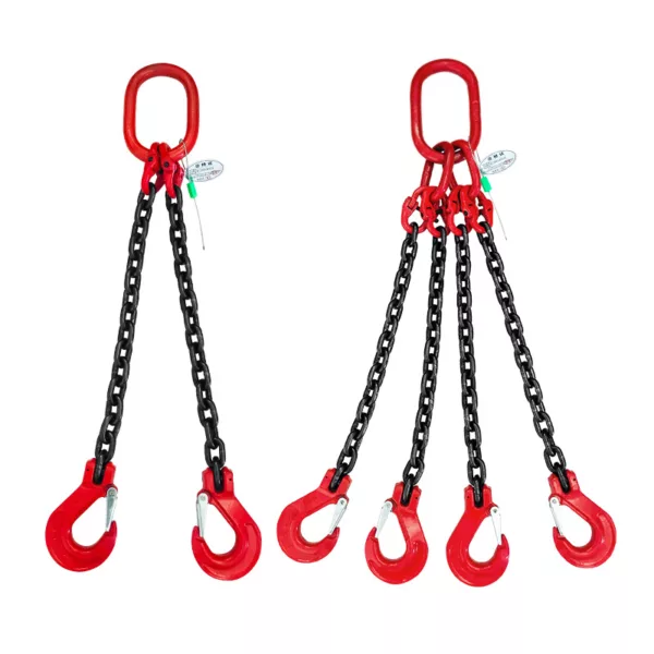 G80 Chain Sling with red hooks and master links on a white background.