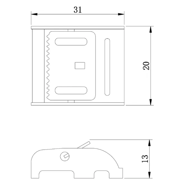 Technical drawing of a 3/4'' 60kg Steel Cam Buckle with dimensions: 31mm width, 20mm height, and 13mm side profile.