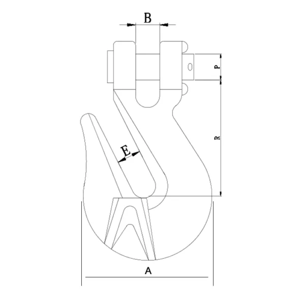 Technical drawing of an Australian Clevis Grab Hook with labeled dimensions.