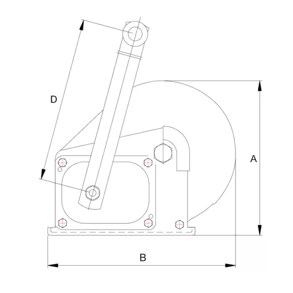 Technical drawing of a Hand Winch with Friction Brake, with labeled dimensions a, b, and d.