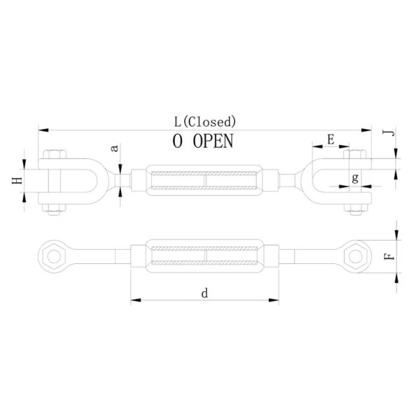 Technical drawing of an adjustable Jaw/Jaw Rigging Screw According To DIN 1480 with labeled dimensions.