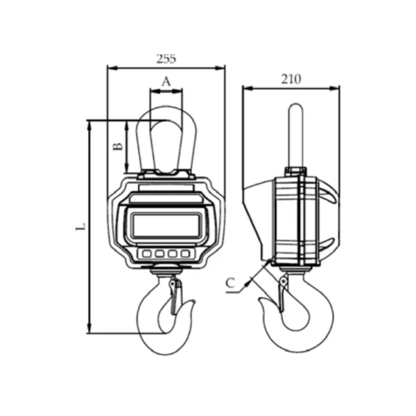 Technical drawing of a Crane Hanging Scale GRTS Series with dimensions.