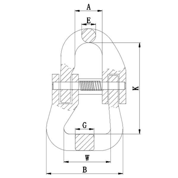 Technical drawing of a Crosby® Sling-Link™ Web Sling Connector with labeled dimensions and sections.