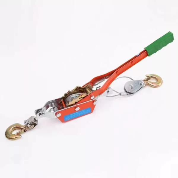 Hand-operated Ratchet Puller with hook on white background.