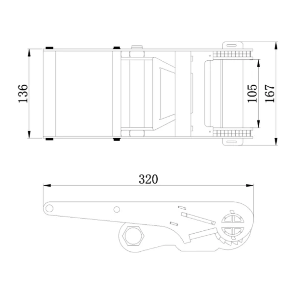 Technical drawing of a 4 inch Ratchet Buckle, 11T, Long Handle with dimensions in millimeters.