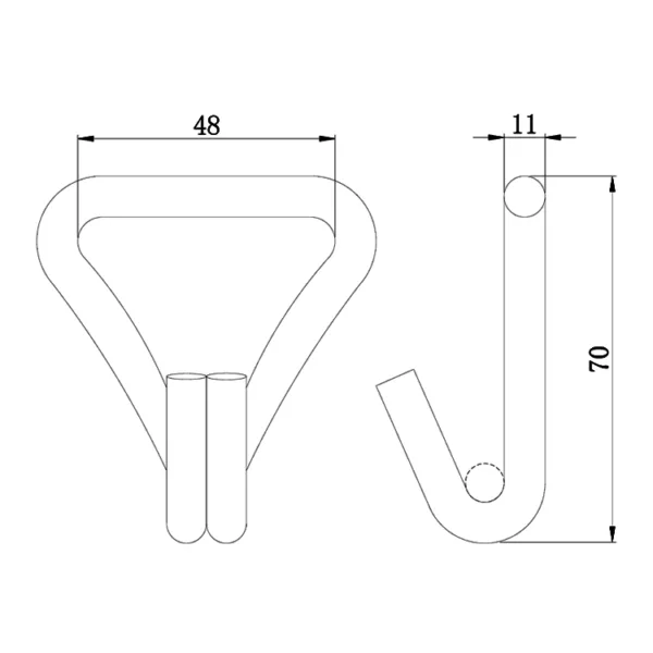 Desenho técnico de uma luminária Double J Hook 2'' 5T com anotações dimensionais.
