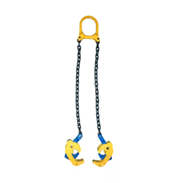 Lifting chain sling with yellow grab hooks and Drum Lifter Clamp CLS Type on both ends.