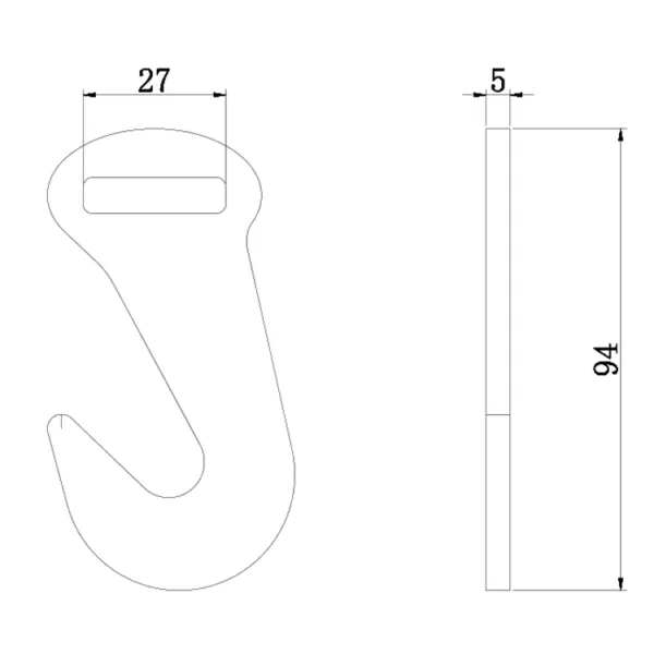 Technical drawing of a 1'' 2T Car Lashing Hook with dimensions labeled in millimeters.