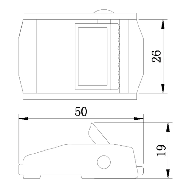 Technical drawing of a 1'' 450kg Cam Buckle object with dimensions given in millimeters and weight specified as 450kg.