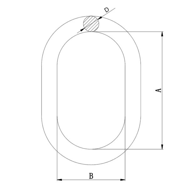 Technical drawing of an oval shape with dimension labels: the overall height (a), the overall width (b), and the diameter of the rounded ends (d) for a G80 Master Link.