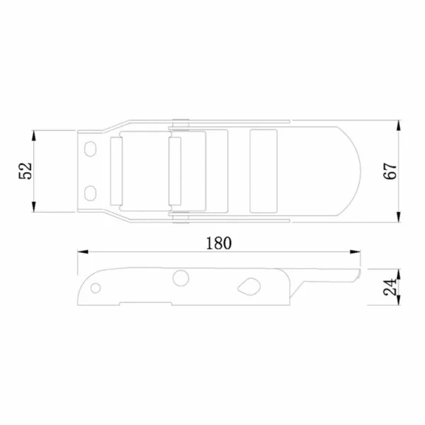 Disegno tecnico di una fibbia overcenter da 800 kg, 2", in acciaio inossidabile con dimensioni etichettate in millimetri.