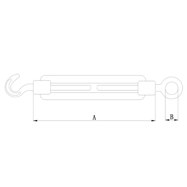 Disegno tecnico di un cilindro idraulico con dimensioni etichettate, compreso un tenditore e un gancio tipo SS DIN1480.