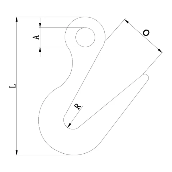 Dessin technique d'un crochet de tri avec des dimensions étiquetées indiquant la longueur (l), le diamètre de l'ouverture (a), le diamètre extérieur (o) et le rayon (r).