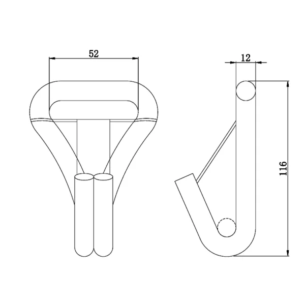 Technical drawing of a chair with dimension annotations, including a 2'' 5T Long Double J Hook with Safety Latch feature.