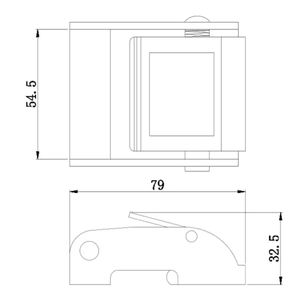 Technical drawing of an object with dimensions: frontal view (width: 79 mm) and side view (height: 32.5 mm), including a 800kg 50mm Cam Buckle detail.