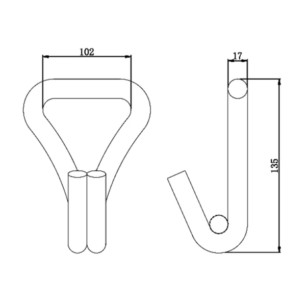 Technical drawing of a 4'' 10T Double J Hook wishbone-shaped object with dimensions.