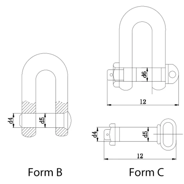 Technical drawings of Shackle DIN 82101 with labeled dimensions.