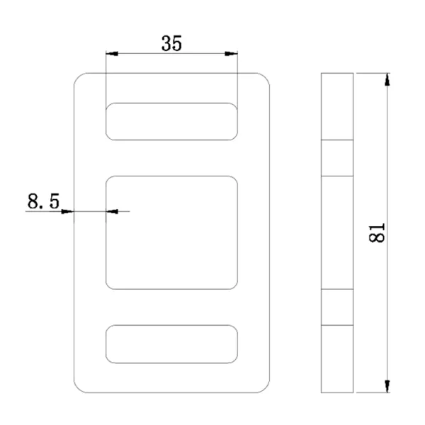 Technical drawing of a three-tier object with 1.5'' 1.6T One Time Lashing Buckle, dimensions: 35 cm in width, 8.5 cm in depth, and 81 cm in height.