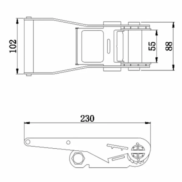 Dibujo técnico de Hebilla de Trinquete de 2 pulgadas, 5T, con Mango Largo, Doble Seguridad con dimensiones en milímetros.