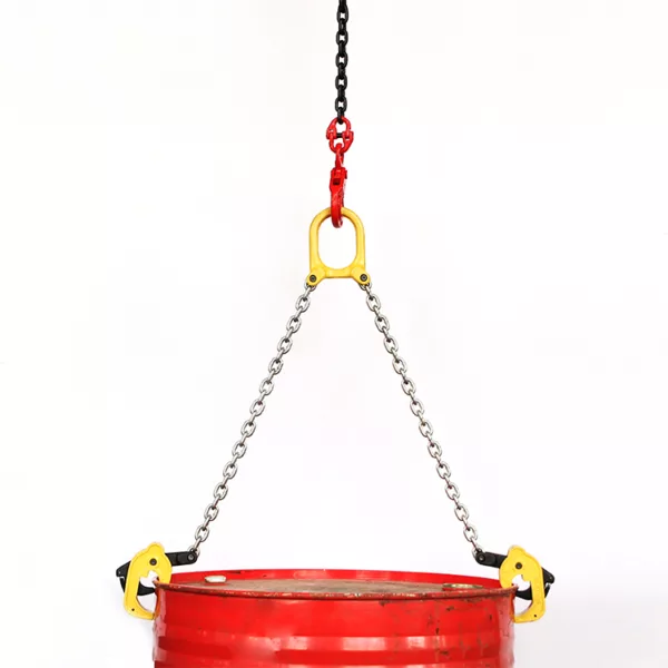 Fire-red Drum Lifter Clamp CLS Type suspended by a steel chain against a white background.