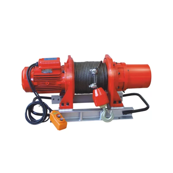 Electric Winch ZHE-SY with steel cable and hook on a metal frame.