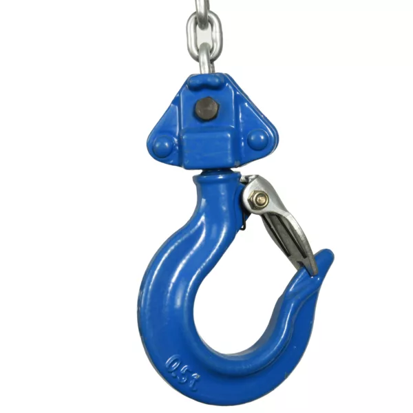 Blue ZHL-VM lever hoist hook isolated on a white background.