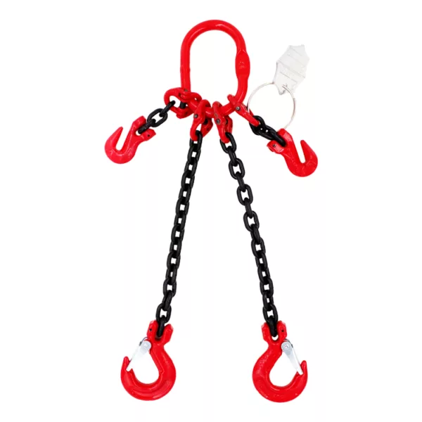 G80 Chain Sling: Four-point lifting chain with red hooks on a white background.