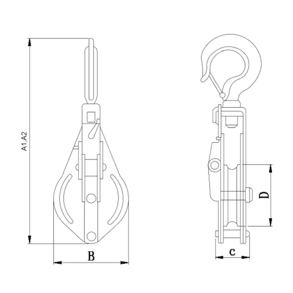 Technical drawing of a DY Type Snatch Block safety hook with dimensions.