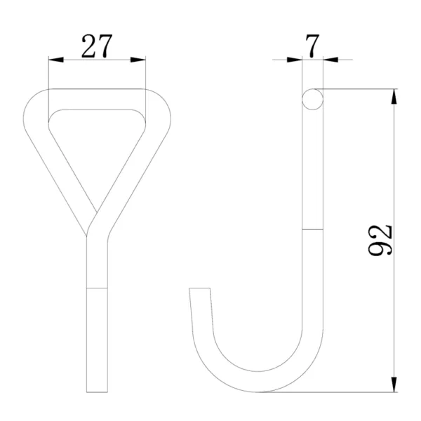 Technical drawing of a tuning fork with dimensions labeled in millimeters, incorporating a 1'' 500kg Single J Hook.