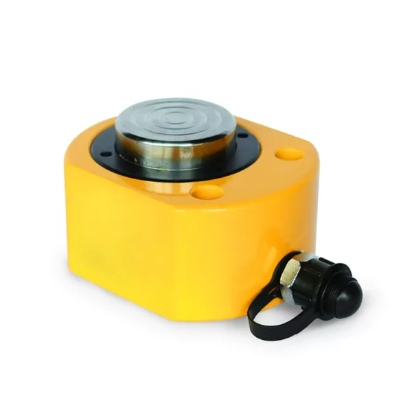 Yellow emergency push button with black actuator on white background and Low Height Pad Jack.