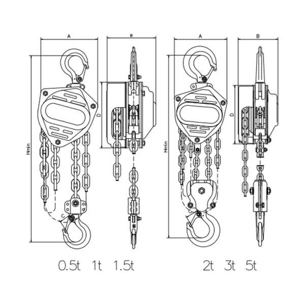 Technical illustration of various models of ZHC-E Manual Chain Hoists with different lifting capacities, viewed from the side and front.