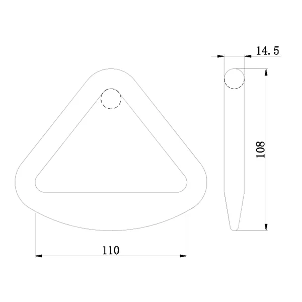 Technical drawing of a 4'' 9T Delta Ring with rounded corners and a hole near the top, including dimensions in millimeters.