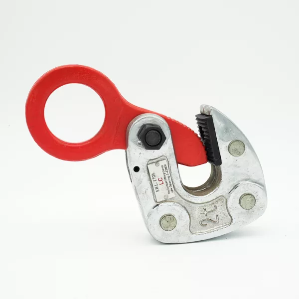 Heavy-Duty Vertical Lifting Clamp 3 Ton metal fall-arrest device with red handle against a white background.