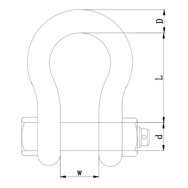 Technical drawing of a Grade S Bow Shackle with Safety Pin AS2741 with labeled dimensions: diameter (d), width (w), length (l), and pin diameter (d).